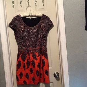 Wool, silk print, cap sleeve, hits mid thigh